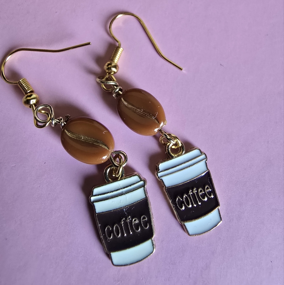 Coffee Cup Bean Dangle Art Earrings 18k Gold Plated Nickel Free Hooks
